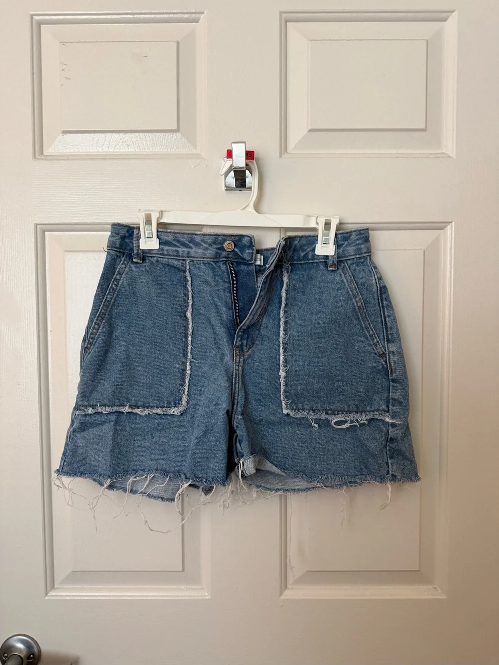 Zara Distressed Light Blue Denim Patch Shorts